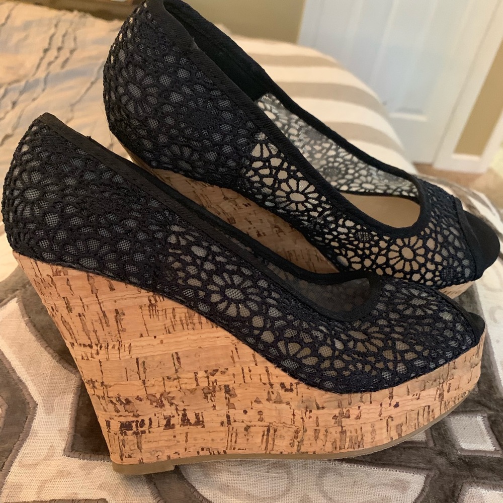 Navy Blue Lace Wedges